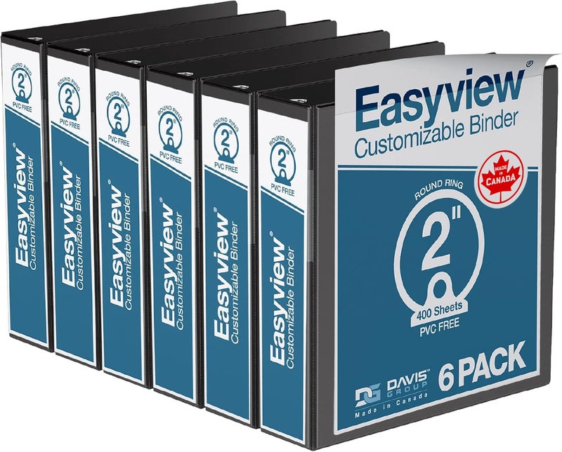 Davis Group Easyview Premium 3-Ring Binders with Clear-View Covers and Round Rings, Binders for School or Office, 2 Inch, Pack of 6, Black - Image 1